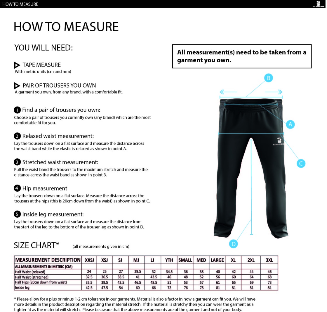 Globe Bullough Park FC - Coaches - Dual Poplin Track Pants with Lycra - Size Guide