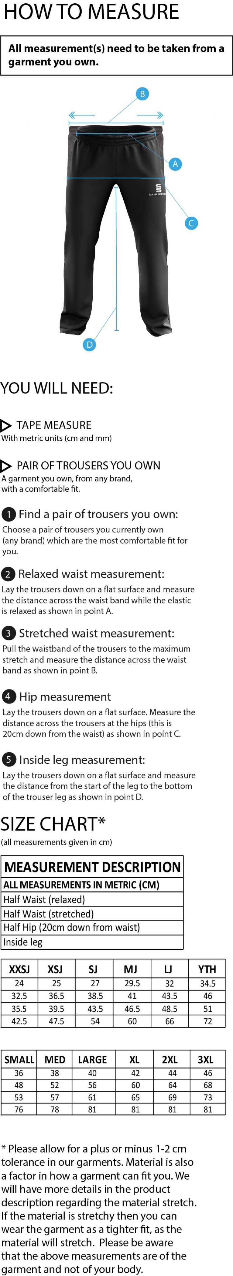 Globe Bullough Park FC - Players - Dual Poplin Track Pant with Lycra - Size Guide