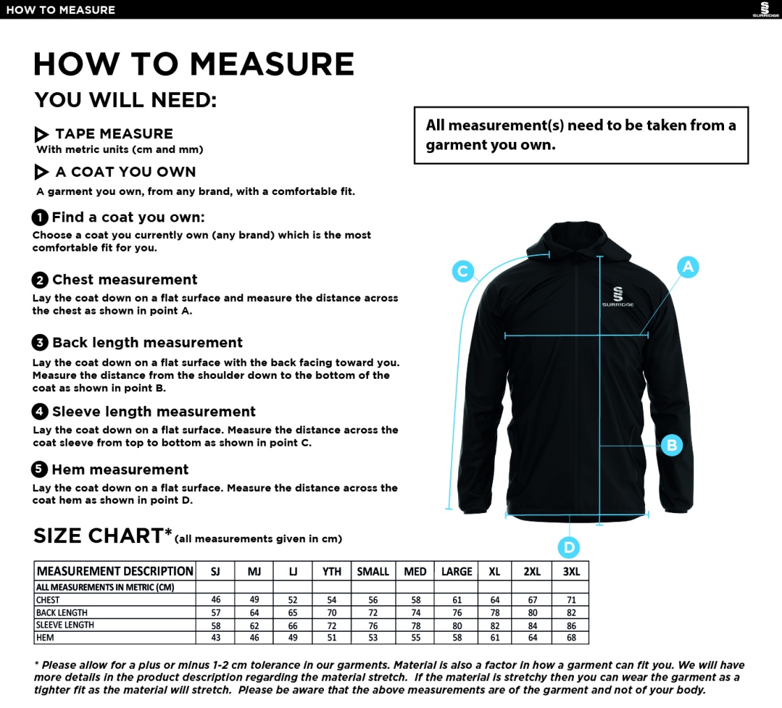 Globe Bullough Park FC - Coaches - Dual Elite 1/4 Zip Hoody / Rain Jacket - Size Guide