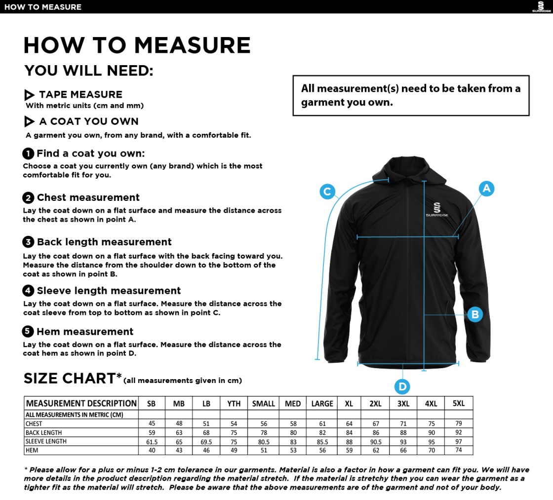 Globe Bullough Park FC - Seniors FC Globe - Dual Full Zip Training Jacket - Size Guide