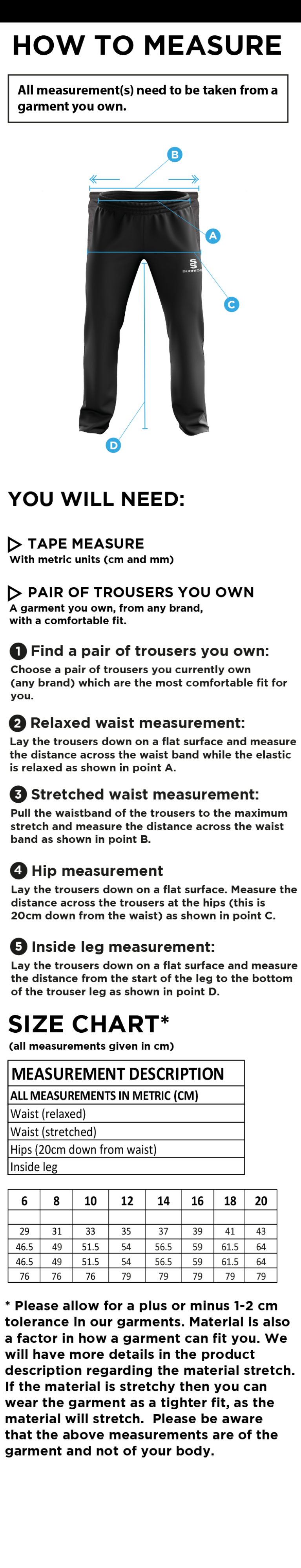 Globe Bullough Park FC - Girls/Ladies - Dual Poplin Track Pant with Lycra - Size Guide