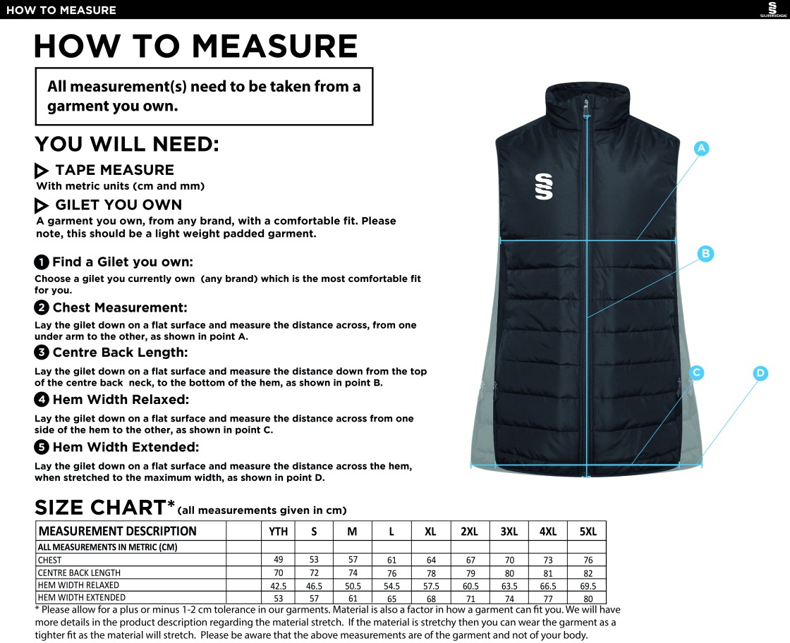 Globe Bullough Park FC - Seniors Saturday - Active Gilet - Size Guide