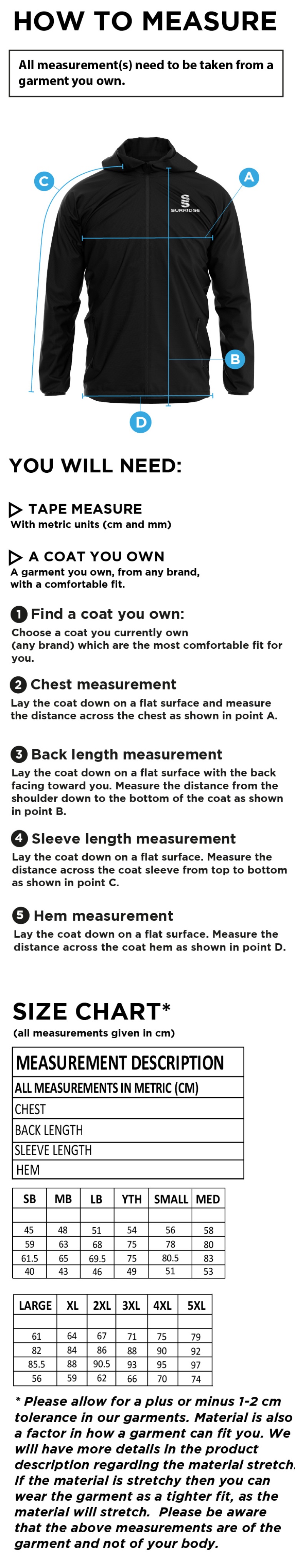 Globe Bullough Park FC - Seniors FC Globe - Dual Full Zip Training Jacket - Size Guide