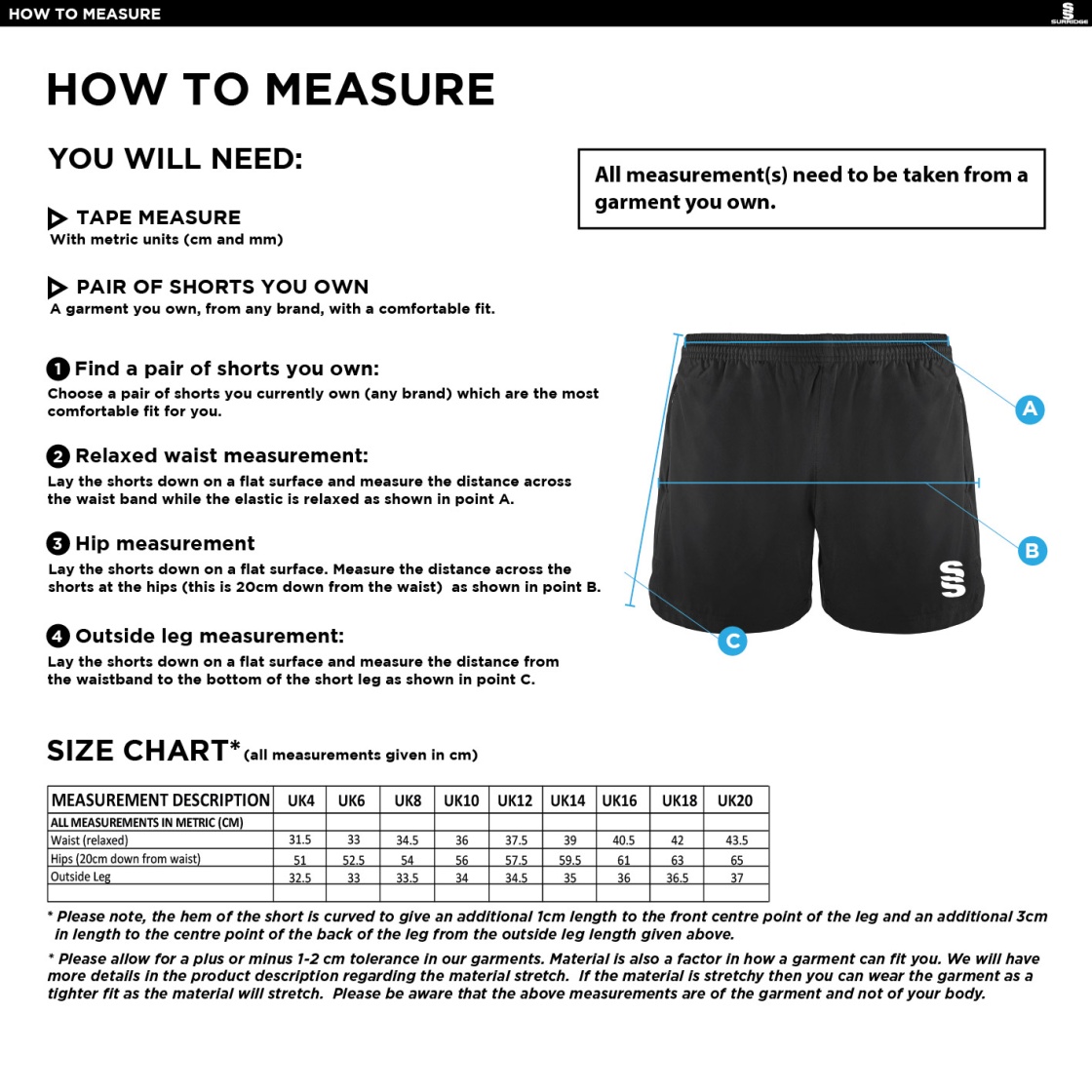 Globe Bullough Park FC - Girls/Ladies - Performance Gym Short - Size Guide