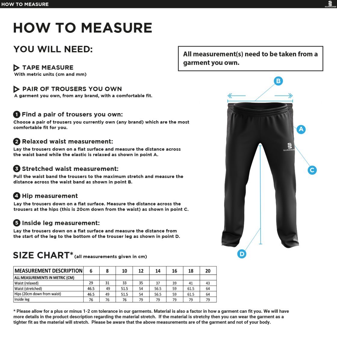 Globe Bullough Park FC - Girls/Ladies - Dual Poplin Track Pant with Lycra - Size Guide