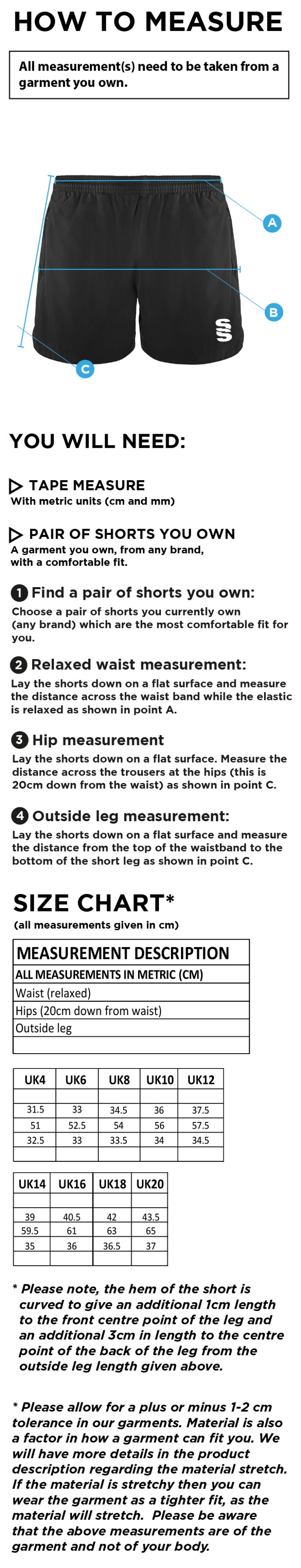 Globe Bullough Park FC - Girls/Ladies - Performance Gym Short - Size Guide