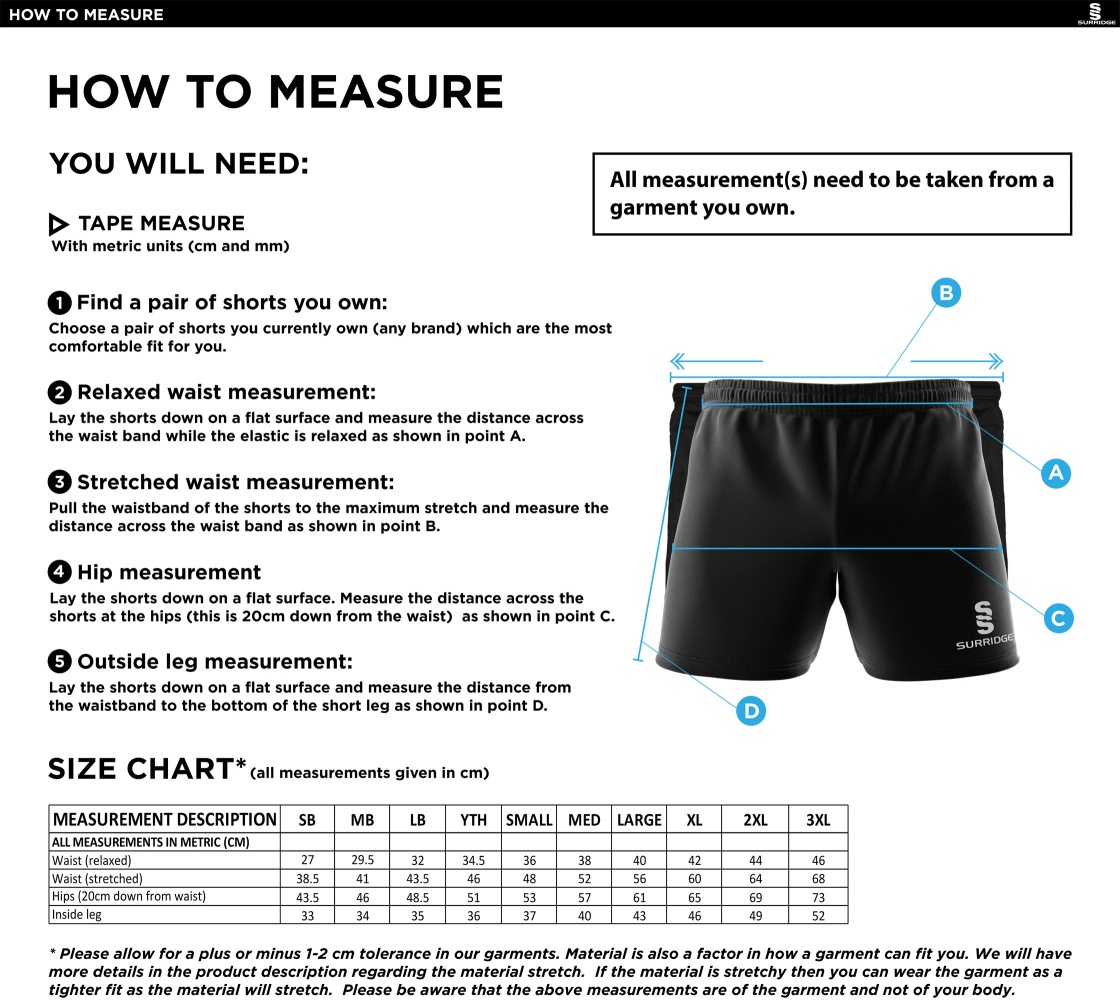 Globe Bullough Park FC - Coaches - Performance Gym Short - Size Guide