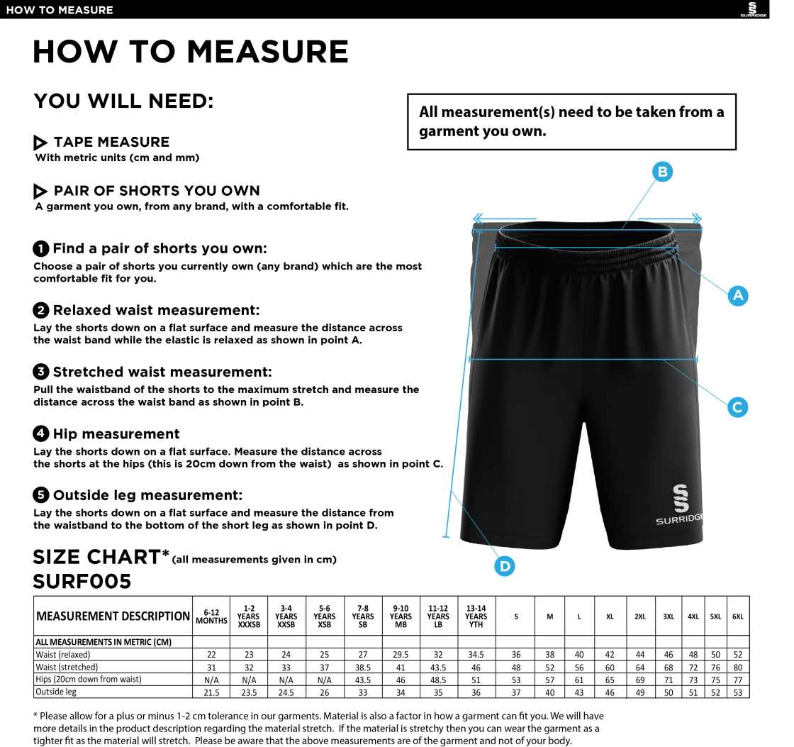 Globe Bullough Park FC - Match Short - Size Guide