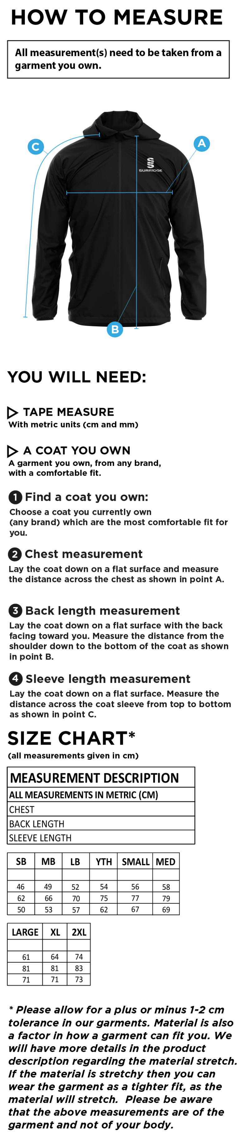 Globe Bullough Park FC - Players - Dual Elite 1/4 Zip Hoody / Rain Jacket - Size Guide