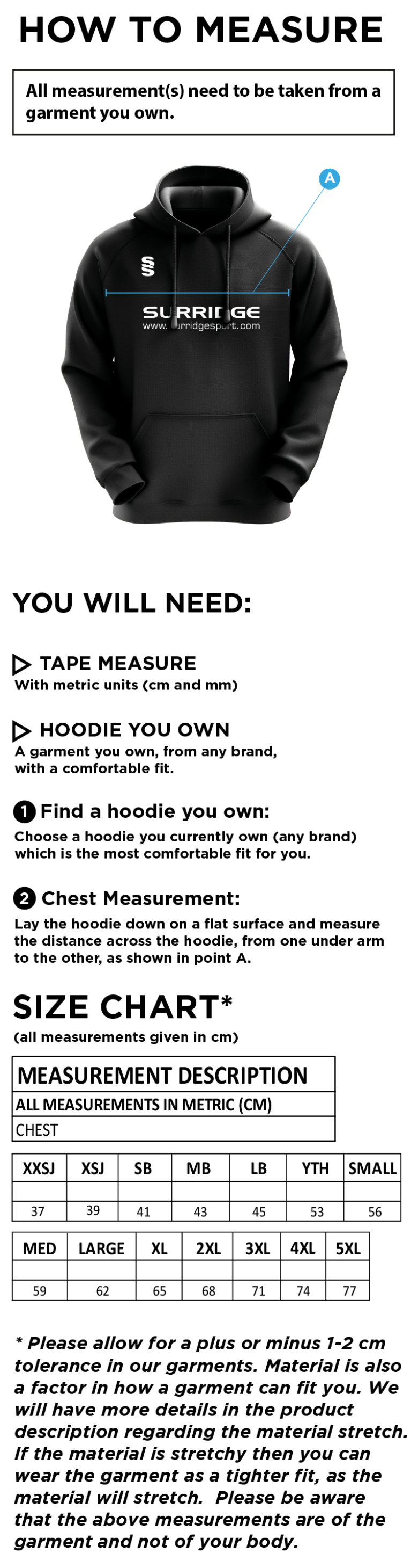 Globe Bullough Park FC - Players - Fuse Hoody - Size Guide